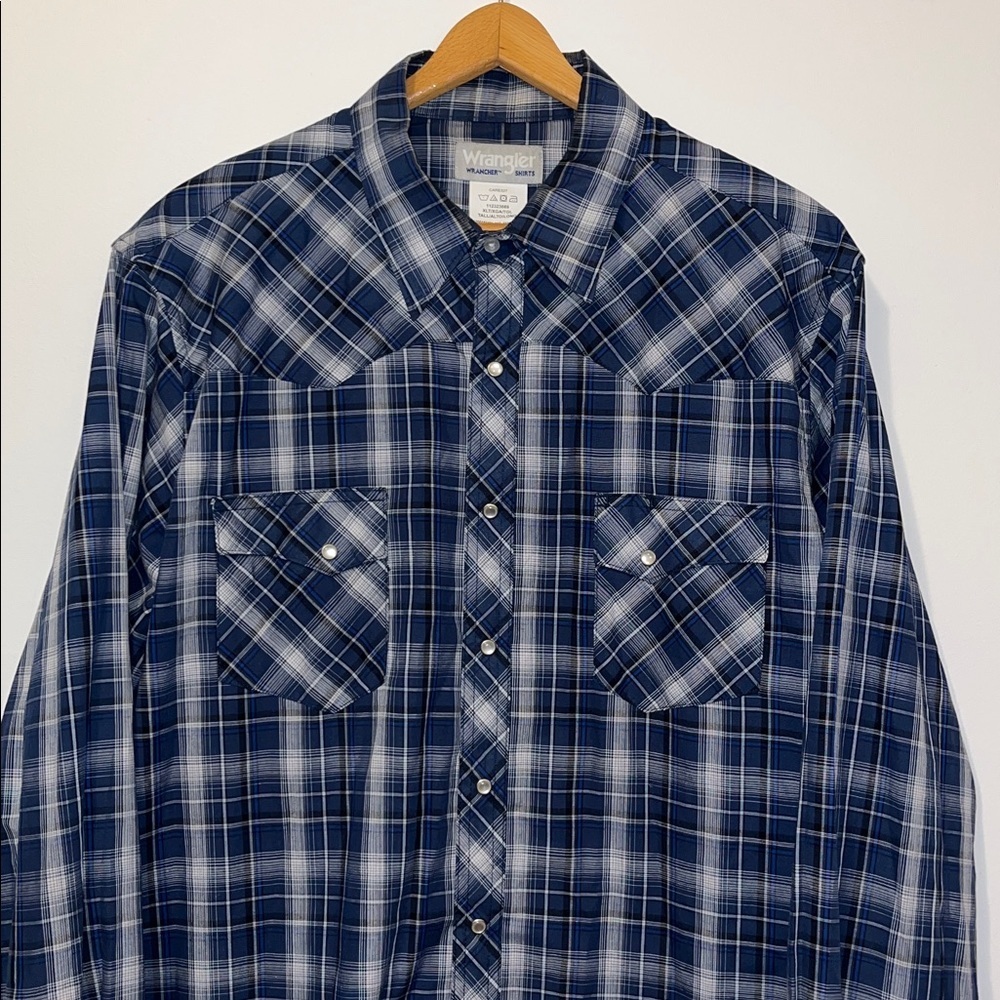 WRANGLER Western Blue Plaid Long Sleeve Button Down Shirt Pearl Snap Rancher
